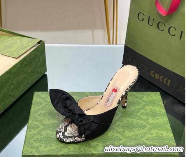 Top Grade Gucci Fabric Mid-heel Slide Sandal 8.5cm with Snakeskin Print and Bow 030291