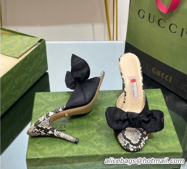 Top Grade Gucci Fabric Mid-heel Slide Sandal 8.5cm with Snakeskin Print and Bow 030291