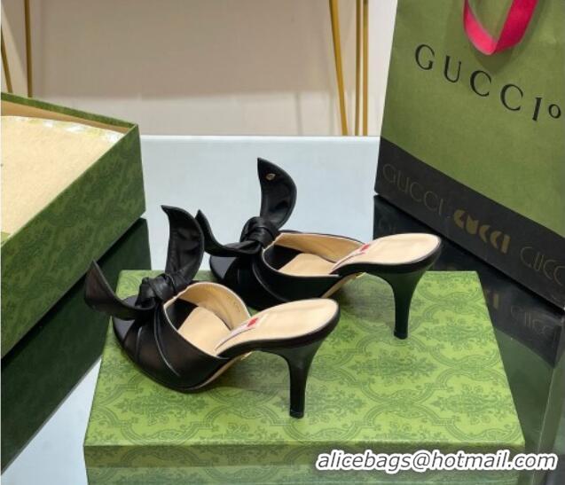 Good Quality Gucci Leather Mid-heel Slide Sandal 8.5cm with Bow Black 030292