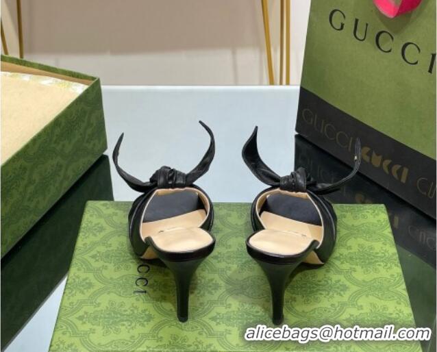 Good Quality Gucci Leather Mid-heel Slide Sandal 8.5cm with Bow Black 030292