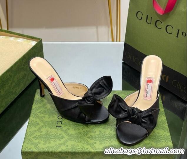 Good Quality Gucci Leather Mid-heel Slide Sandal 8.5cm with Bow Black 030292