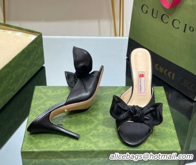 Good Quality Gucci Leather Mid-heel Slide Sandal 8.5cm with Bow Black 030292