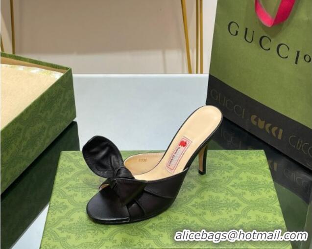 Good Quality Gucci Leather Mid-heel Slide Sandal 8.5cm with Bow Black 030292