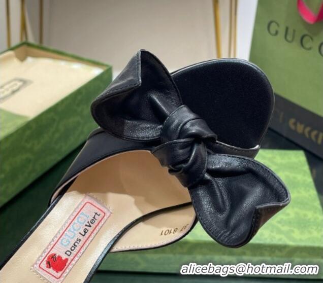 Good Quality Gucci Leather Mid-heel Slide Sandal 8.5cm with Bow Black 030292