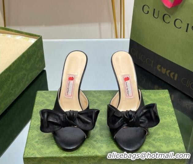 Good Quality Gucci Leather Mid-heel Slide Sandal 8.5cm with Bow Black 030292