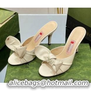 Durable Gucci Leather Mid-heel Slide Sandal 8.5cm with Bow White 030293