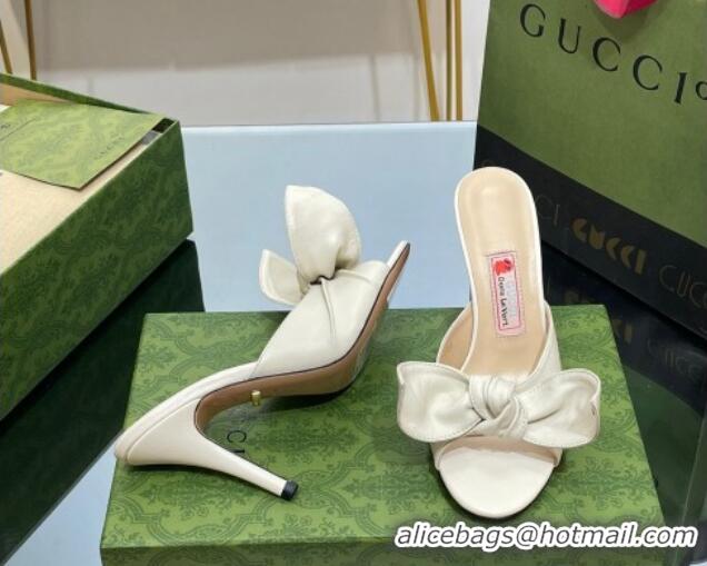 Durable Gucci Leather Mid-heel Slide Sandal 8.5cm with Bow White 030293