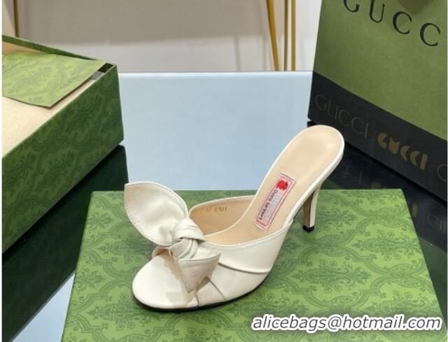 Durable Gucci Leather Mid-heel Slide Sandal 8.5cm with Bow White 030293