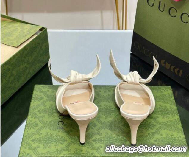 Durable Gucci Leather Mid-heel Slide Sandal 8.5cm with Bow White 030293