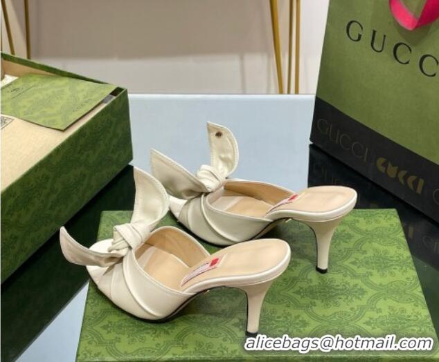 Durable Gucci Leather Mid-heel Slide Sandal 8.5cm with Bow White 030293