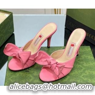 Best Price Gucci Leather Mid-heel Slide Sandal 8.5cm with Bow Pink 030294