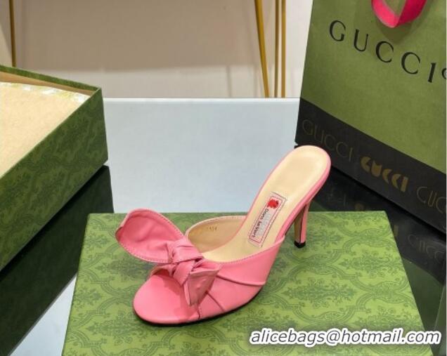 Best Price Gucci Leather Mid-heel Slide Sandal 8.5cm with Bow Pink 030294