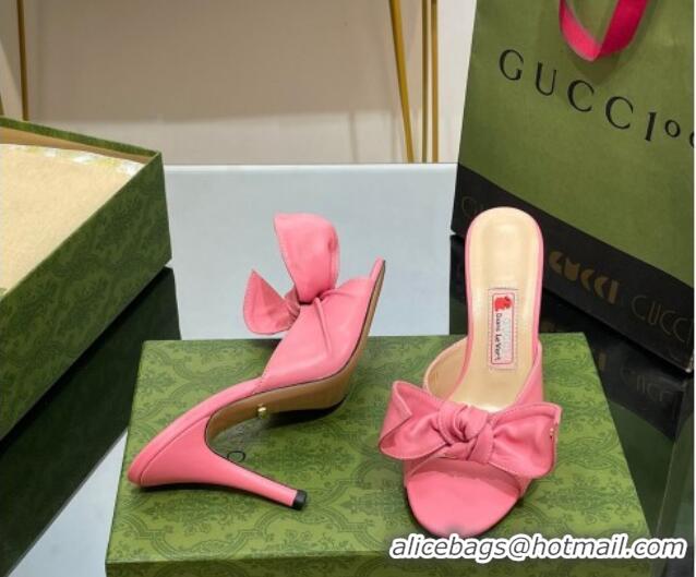 Best Price Gucci Leather Mid-heel Slide Sandal 8.5cm with Bow Pink 030294