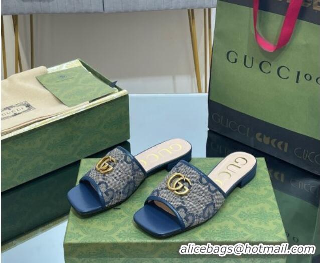 Top Grade Gucci Jumbo GG Canvas Slide Sandals Navy Blue/Grey 0302101