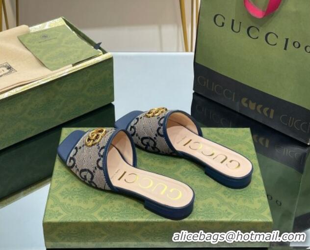 Top Grade Gucci Jumbo GG Canvas Slide Sandals Navy Blue/Grey 0302101