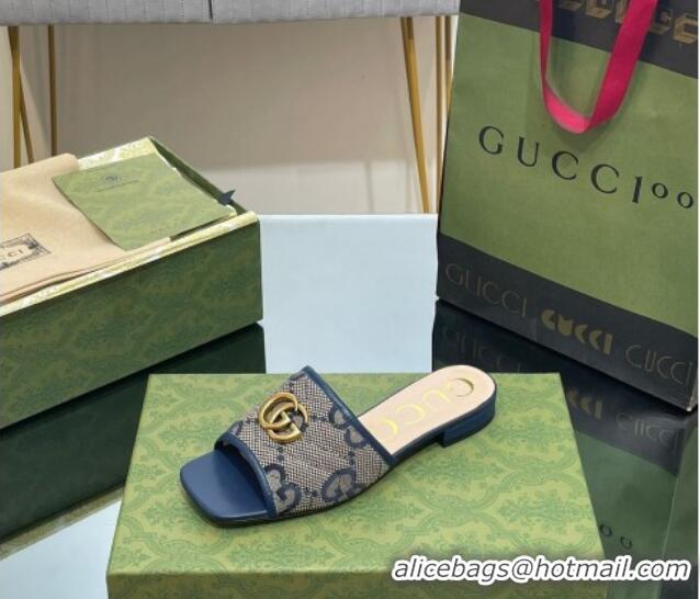 Top Grade Gucci Jumbo GG Canvas Slide Sandals Navy Blue/Grey 0302101