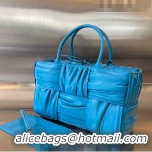 Buy Discount Bottega Veneta Small Arco Tote Bag in Foulard Intreccio Leather 729043 Pool Blue 2023