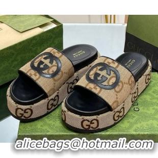 Duplicate Gucci Jumbo GG Canvas Slide Sandals 5.5cm with Interlocking G Camel/Black 0302106