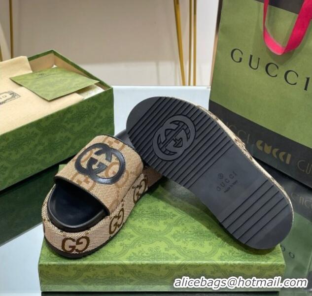 Duplicate Gucci Jumbo GG Canvas Slide Sandals 5.5cm with Interlocking G Camel/Black 0302106