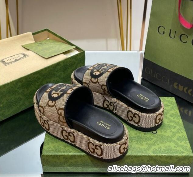 Duplicate Gucci Jumbo GG Canvas Slide Sandals 5.5cm with Interlocking G Camel/Black 0302106