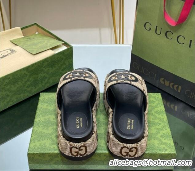 Duplicate Gucci Jumbo GG Canvas Slide Sandals 5.5cm with Interlocking G Camel/Black 0302106