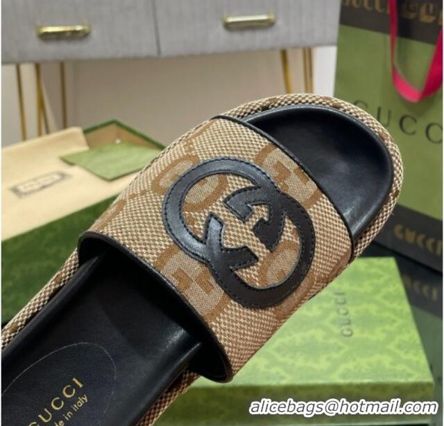 Duplicate Gucci Jumbo GG Canvas Slide Sandals 5.5cm with Interlocking G Camel/Black 0302106