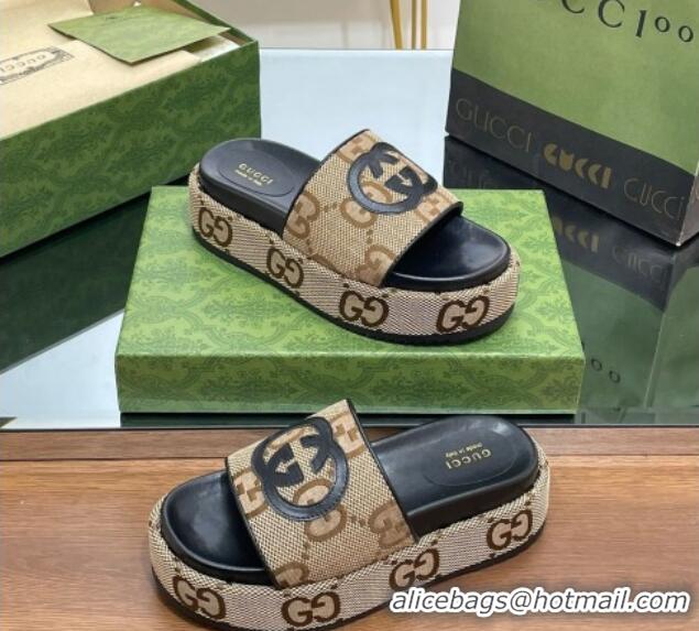 Duplicate Gucci Jumbo GG Canvas Slide Sandals 5.5cm with Interlocking G Camel/Black 0302106