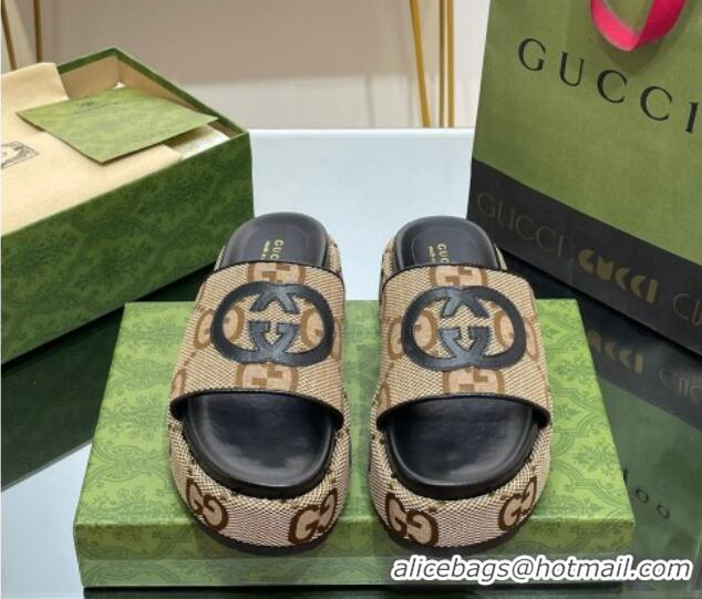 Duplicate Gucci Jumbo GG Canvas Slide Sandals 5.5cm with Interlocking G Camel/Black 0302106