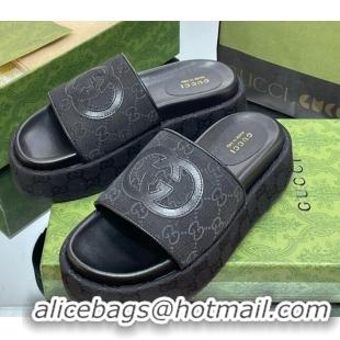 Best Grade Gucci Original GG Canvas Slide Sandals 5.5cm with Interlocking G Black 0302108