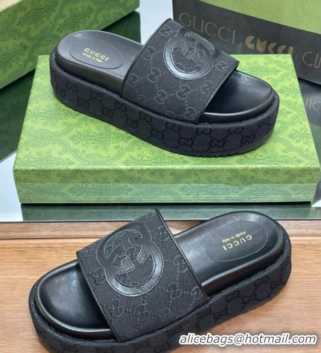 Best Grade Gucci Original GG Canvas Slide Sandals 5.5cm with Interlocking G Black 0302108