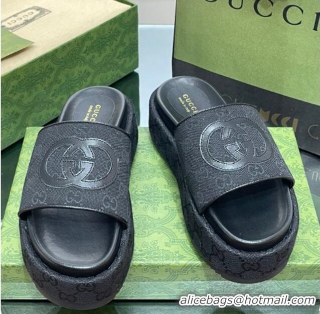 Best Grade Gucci Original GG Canvas Slide Sandals 5.5cm with Interlocking G Black 0302108