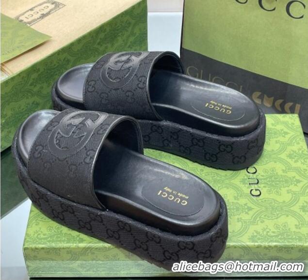 Best Grade Gucci Original GG Canvas Slide Sandals 5.5cm with Interlocking G Black 0302108