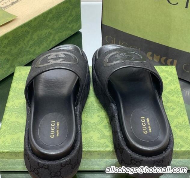 Best Grade Gucci Original GG Canvas Slide Sandals 5.5cm with Interlocking G Black 0302108