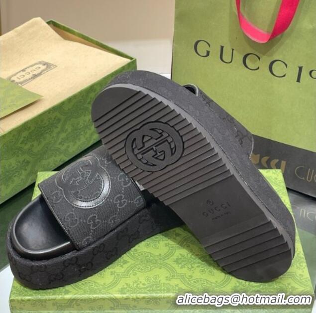 Best Grade Gucci Original GG Canvas Slide Sandals 5.5cm with Interlocking G Black 0302108