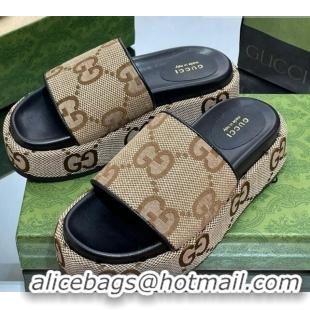 Best Product Gucci Jumbo GG Canvas Slide Sandals 5.5cm Camel/Black 302112