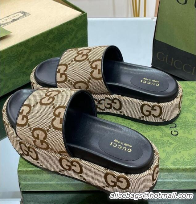 Best Product Gucci Jumbo GG Canvas Slide Sandals 5.5cm Camel/Black 302112