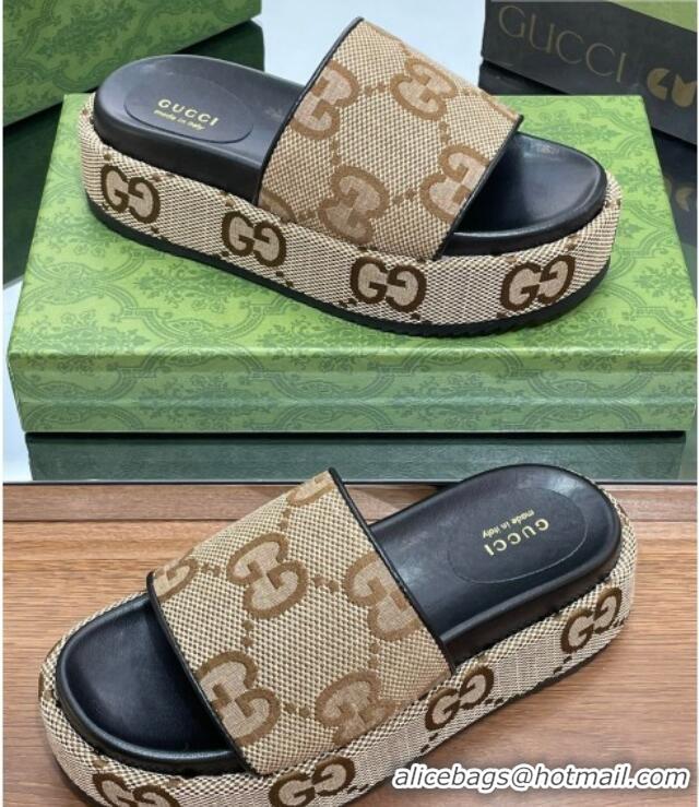 Best Product Gucci Jumbo GG Canvas Slide Sandals 5.5cm Camel/Black 302112