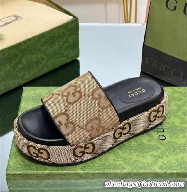 Best Product Gucci Jumbo GG Canvas Slide Sandals 5.5cm Camel/Black 302112