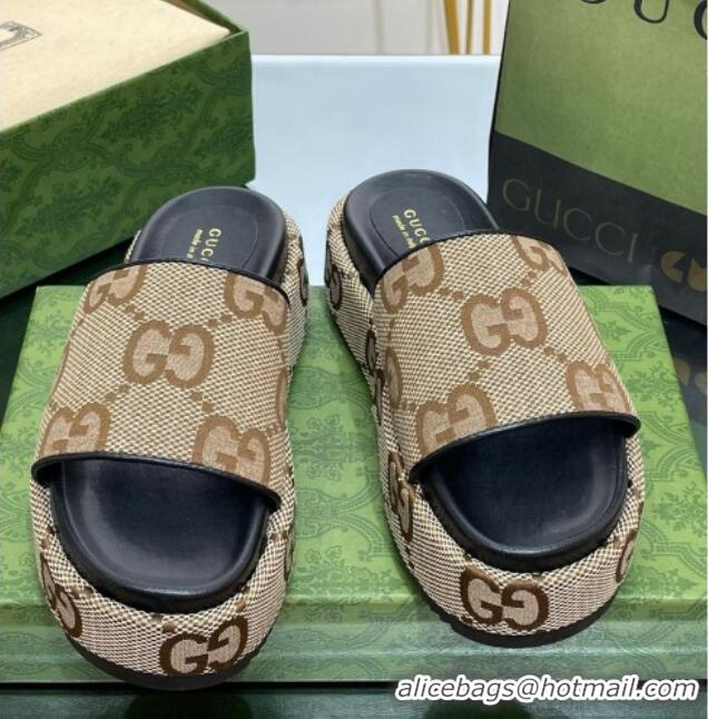 Best Product Gucci Jumbo GG Canvas Slide Sandals 5.5cm Camel/Black 302112