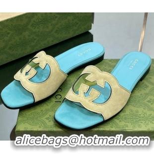 Pretty Style Gucci Suede Interlocking G Cut-out Flat Slide Sandal Blue/Yellow 302115