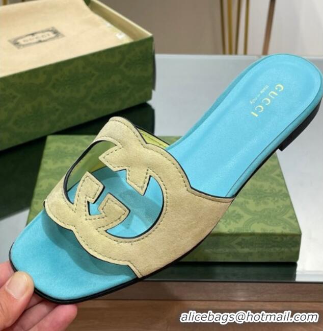 Pretty Style Gucci Suede Interlocking G Cut-out Flat Slide Sandal Blue/Yellow 302115