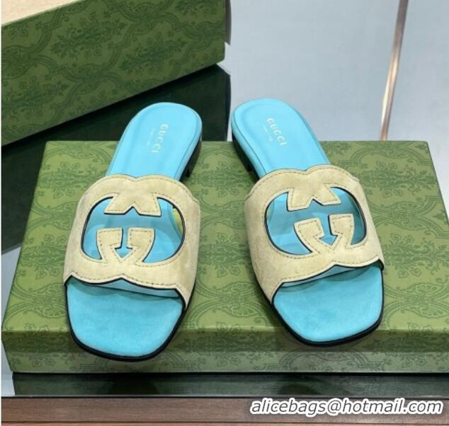 Pretty Style Gucci Suede Interlocking G Cut-out Flat Slide Sandal Blue/Yellow 302115