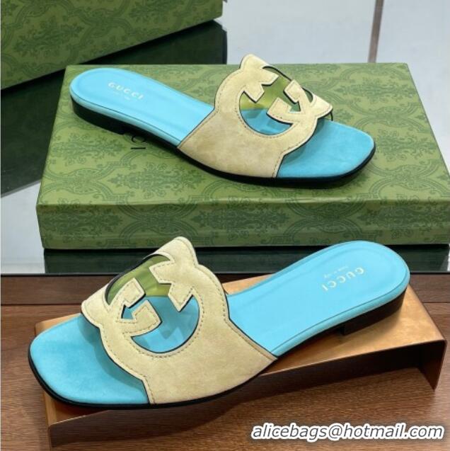 Pretty Style Gucci Suede Interlocking G Cut-out Flat Slide Sandal Blue/Yellow 302115