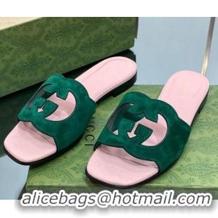 Grade Quality Gucci Suede Interlocking G Cut-out Flat Slide Sandal Green/Pink 302116