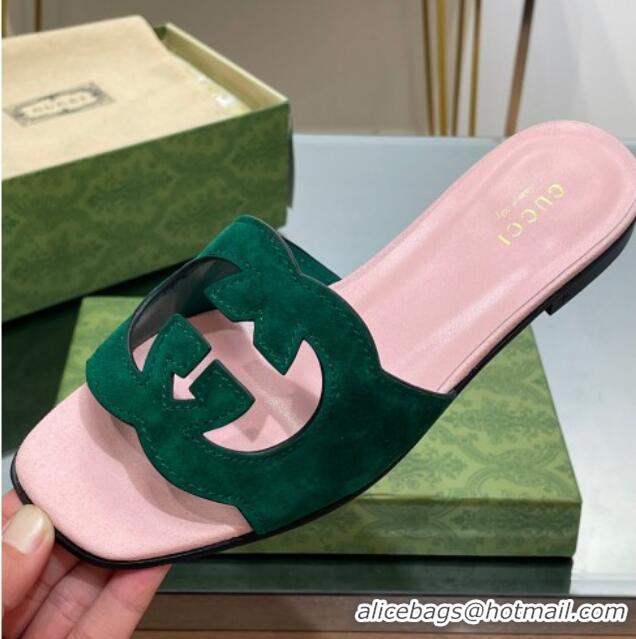 Grade Quality Gucci Suede Interlocking G Cut-out Flat Slide Sandal Green/Pink 302116