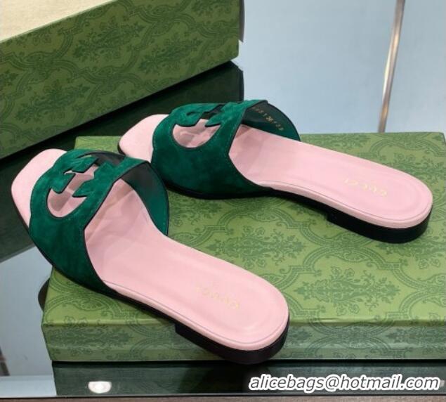 Grade Quality Gucci Suede Interlocking G Cut-out Flat Slide Sandal Green/Pink 302116