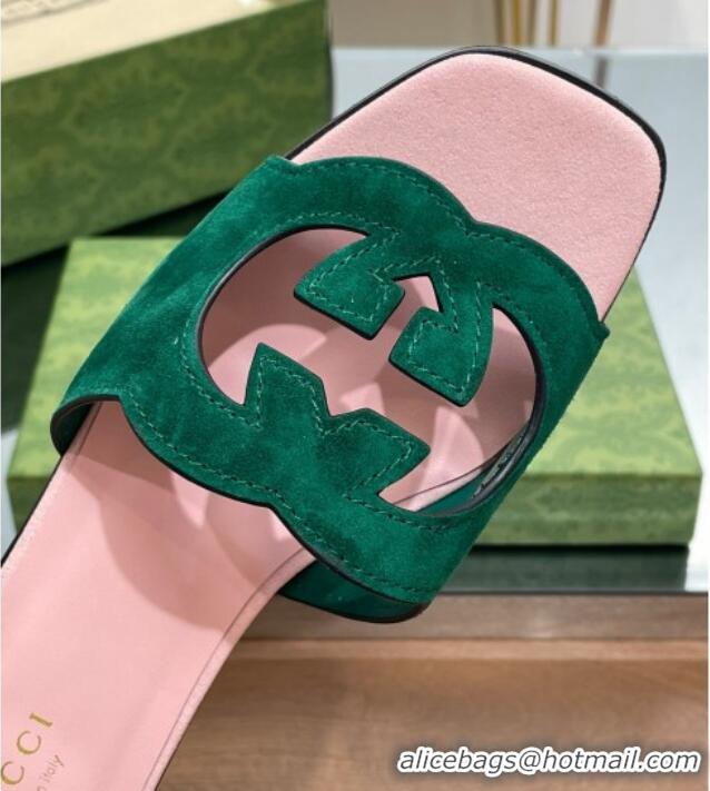 Grade Quality Gucci Suede Interlocking G Cut-out Flat Slide Sandal Green/Pink 302116