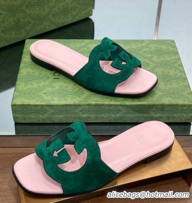 Grade Quality Gucci Suede Interlocking G Cut-out Flat Slide Sandal Green/Pink 302116