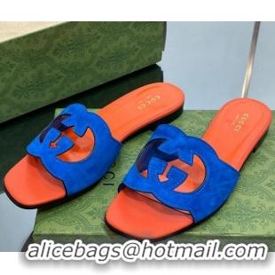 Good Quality Gucci Suede Interlocking G Cut-out Flat Slide Sandal Orange/Blue 0302117