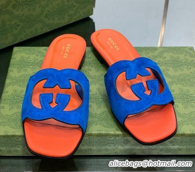 Good Quality Gucci Suede Interlocking G Cut-out Flat Slide Sandal Orange/Blue 0302117